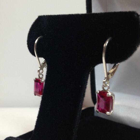 Beautiful 2ctw Emerald Cut Ruby Earrings in Sterling Silver Drop Dangle Earrings - Picture 3 of 5